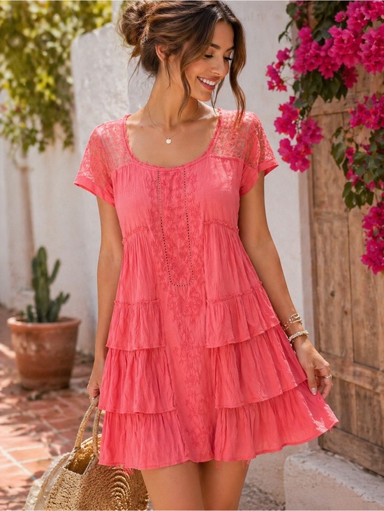 Free People Dresses & Skirts - Free People Coral Lace Tiered Mini Dress | NWT | Size S